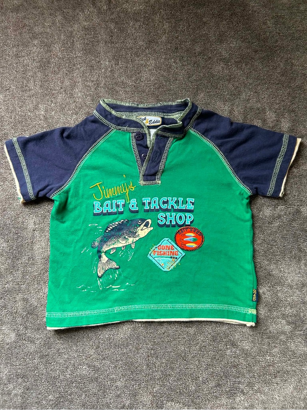 Nick & Eddie Green & Navy 'Bait & Tackle Shop' Short Sleeve Tee Polo T Shirt 2T